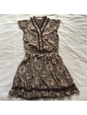 Axes Femme Brown Cream Floral Medallion Print Dress Lace Ruffle Hem M Japan